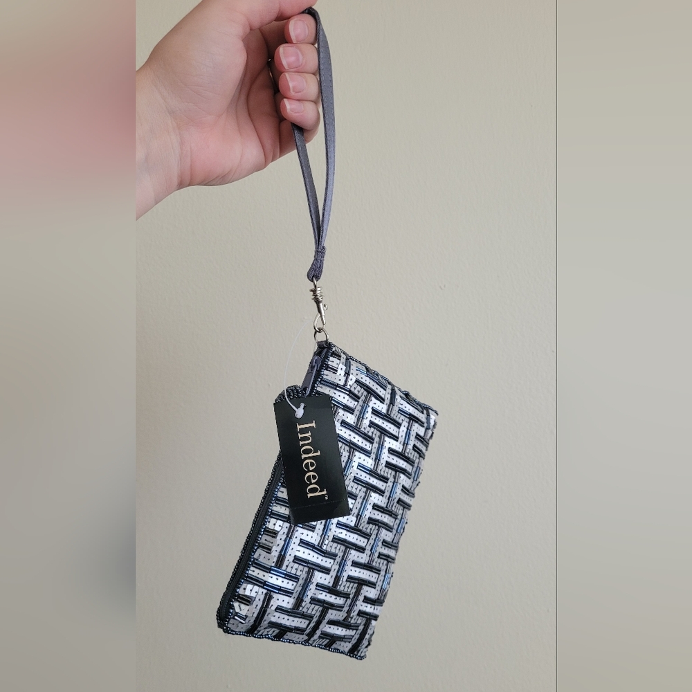 Indeed Sequin and Beaded Wristlet, Silver and Graphite.